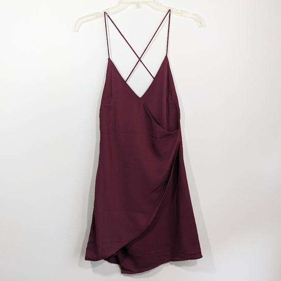 By The Way Mini Dress Black Cherry Faux Wrap Spaghetti Straps Asymmetric… - Picture 3 of 11